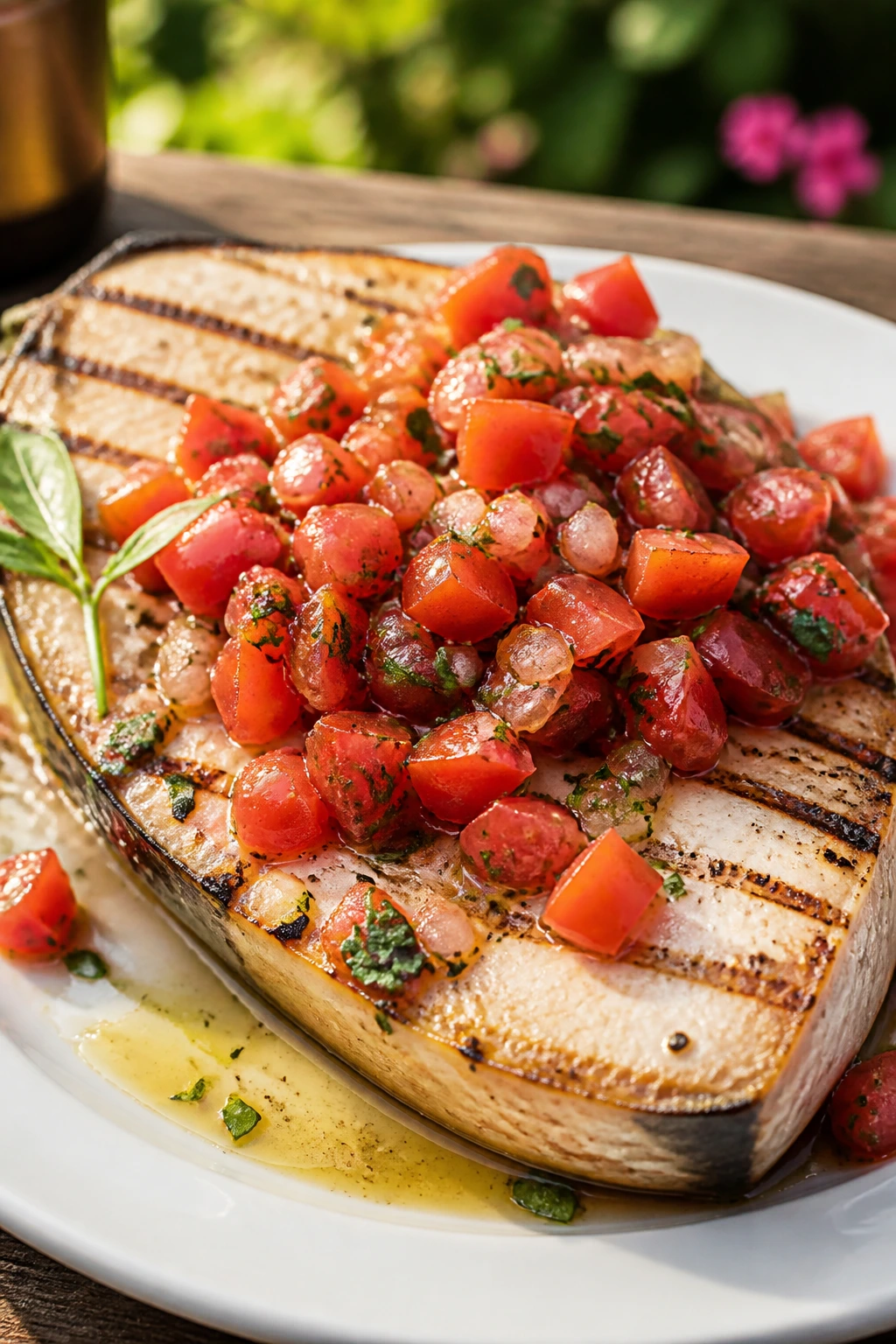 Swordfish steak with tomato relish on a plate outdoors