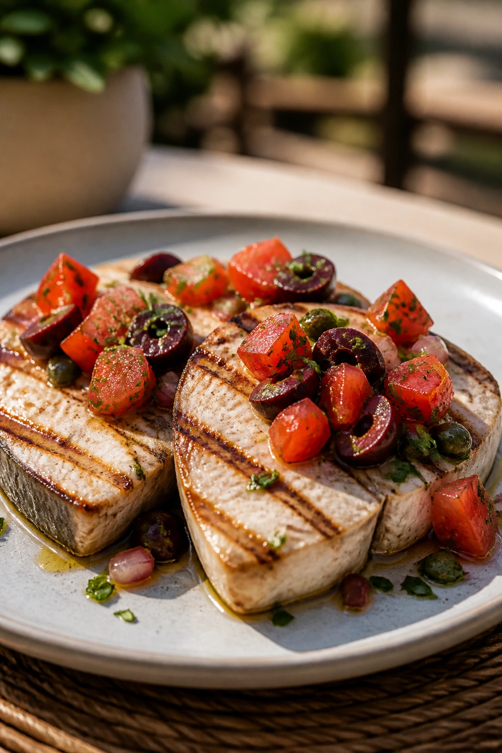 Close-up of swordfish steaks with tomato-olive relish on a plate