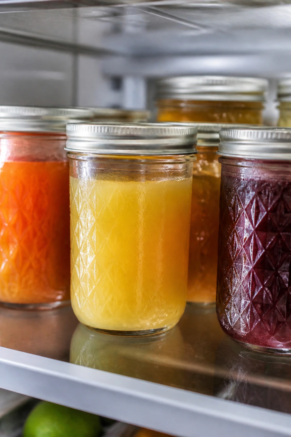Glass jars of tropical syrups on a refrigerated kitchen shelf