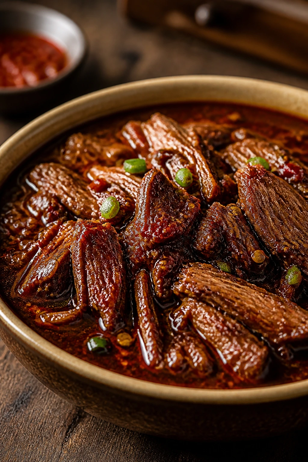 Close-up of braised Szechuan beef strands in spicy sauce on a rustic table