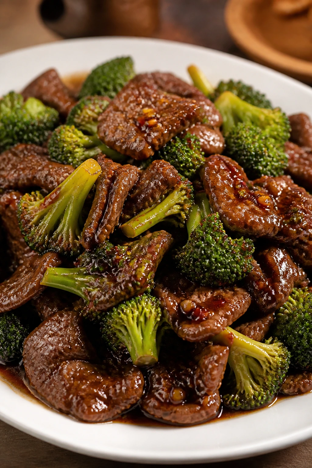 Beef with broccoli in a glossy Szechuan sauce on a plate