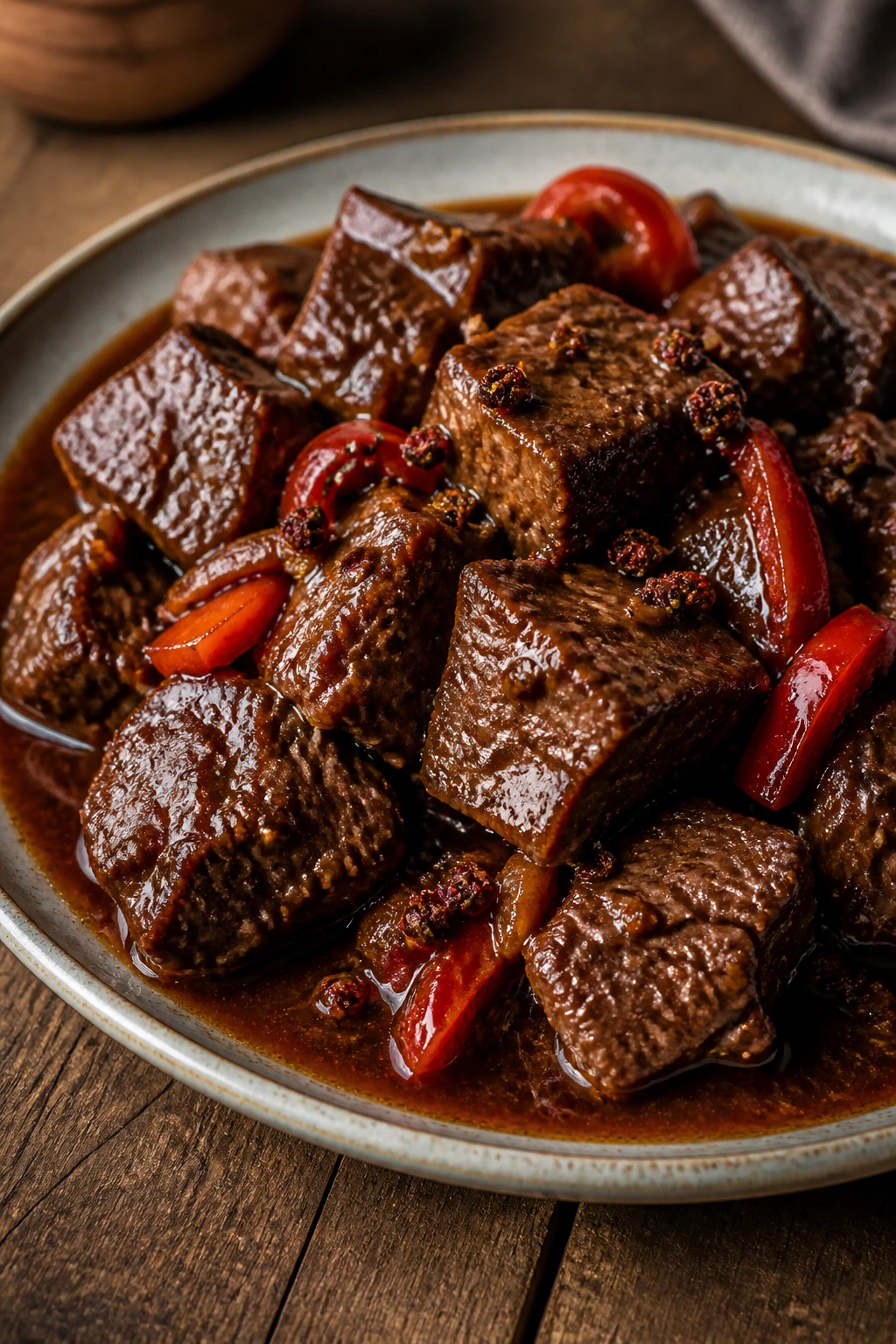 Close-up of slow cooker Szechuan-style beef in glossy sauce