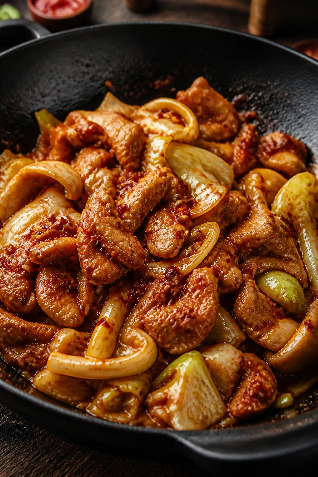Close-up of Szechuan chicken with cabbage in chili bean paste