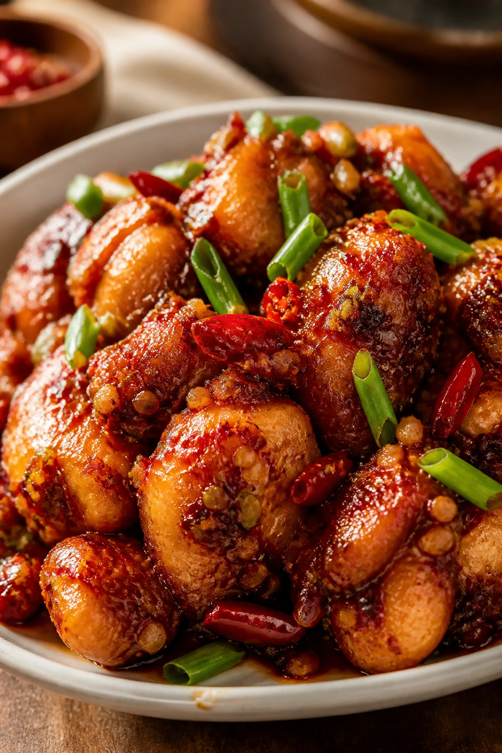 Close-up of Szechuan-style chicken with chili and garlic in glossy sauce.