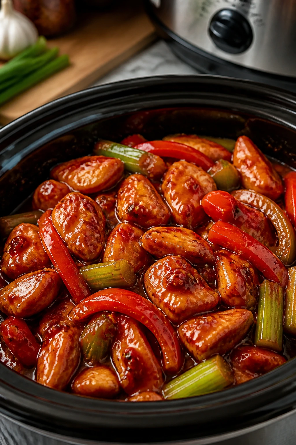 Close-up of Slow Cooker Szechuan Chicken with peppers in glossy sauce