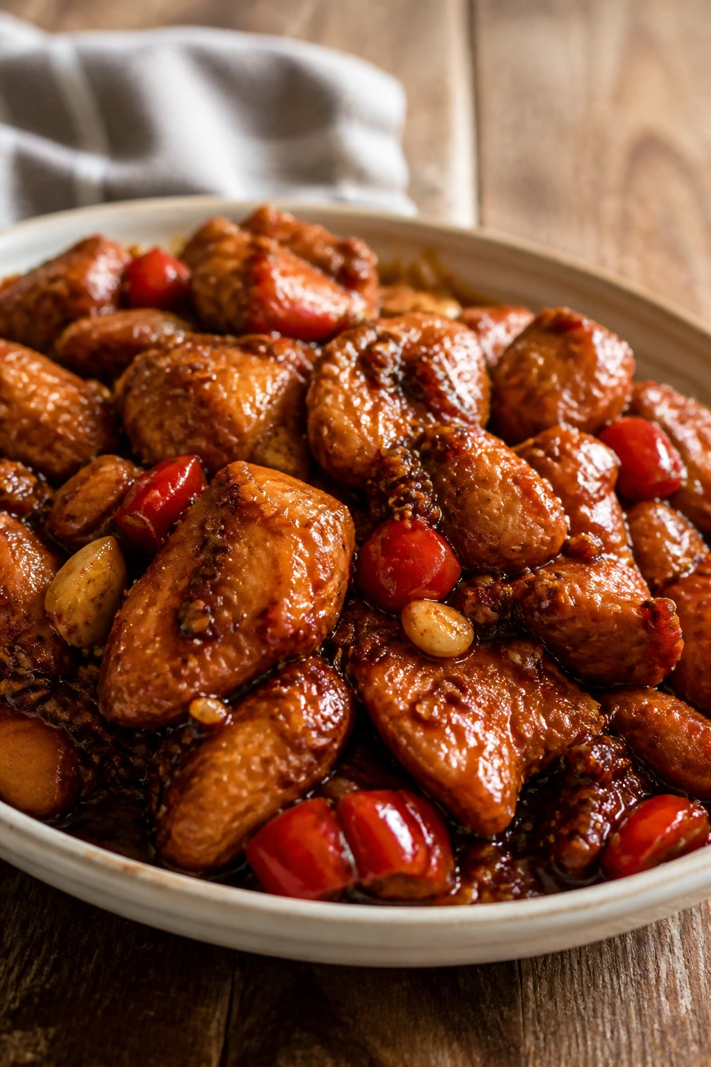 Close-up of Szechuan chicken with peppers in a glossy sauce on plate