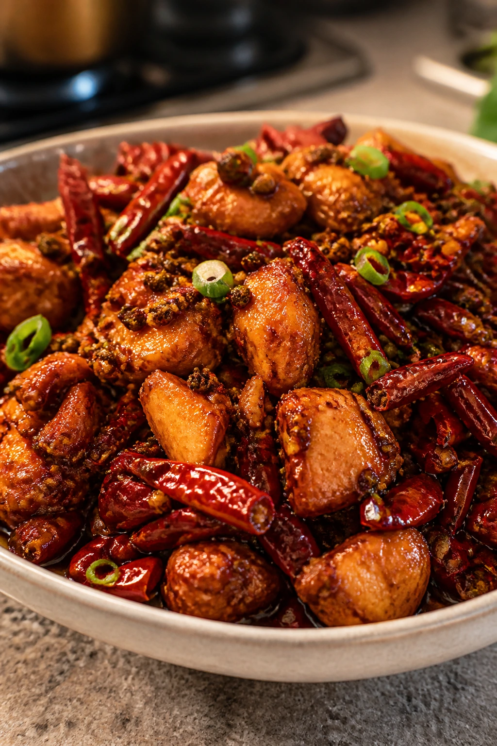 Szechuan chicken with dried chiles and peppercorns on plate