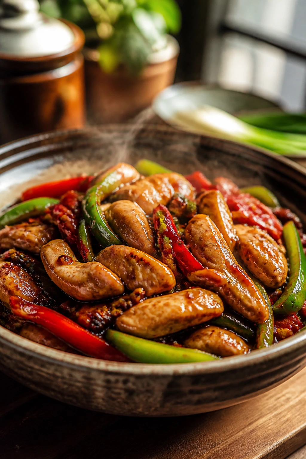 Close-up of Szechuan chicken with peppers in a glossy sauce