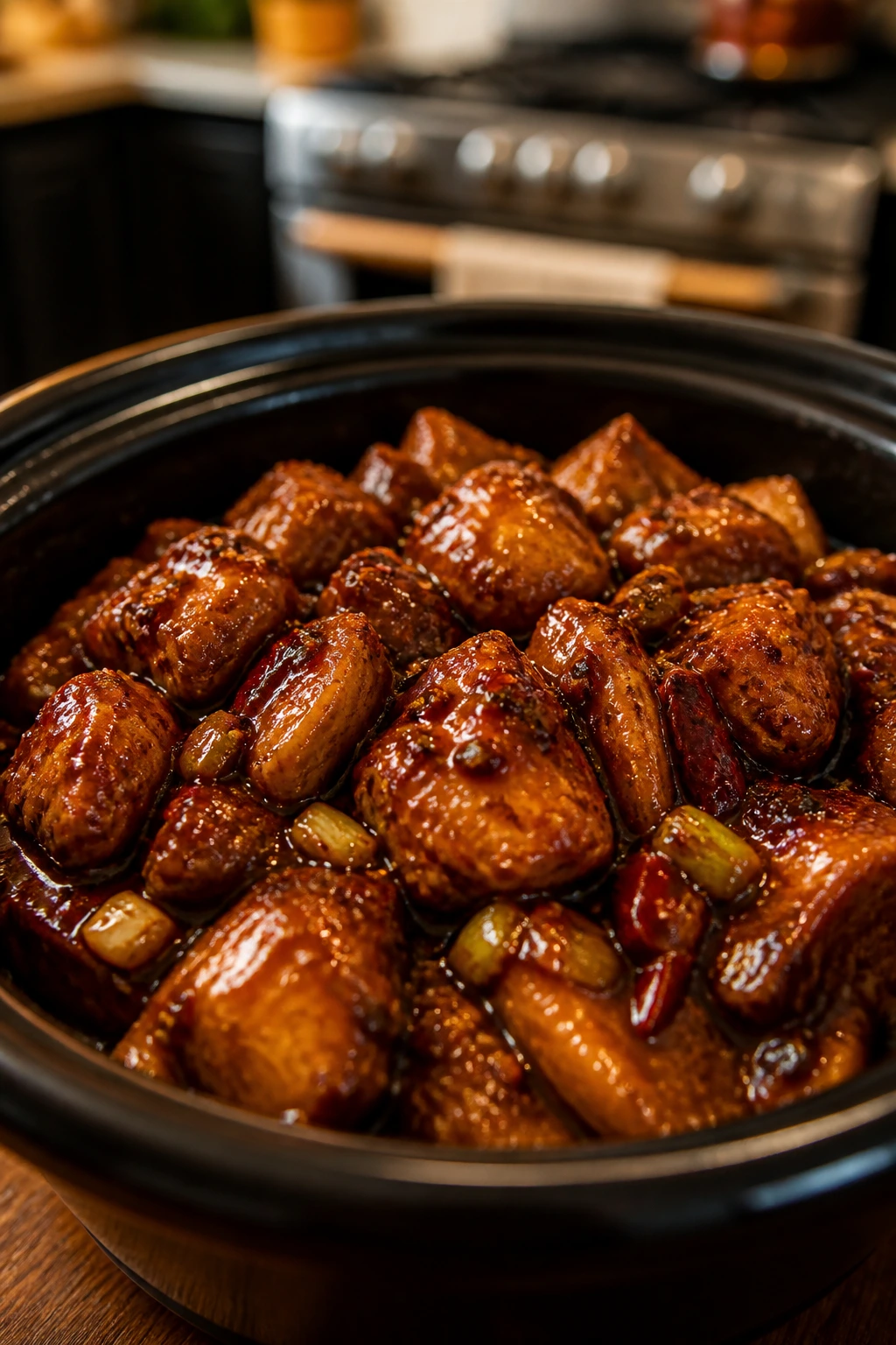 Close-up of spicy Szechuan chicken in glossy sauce