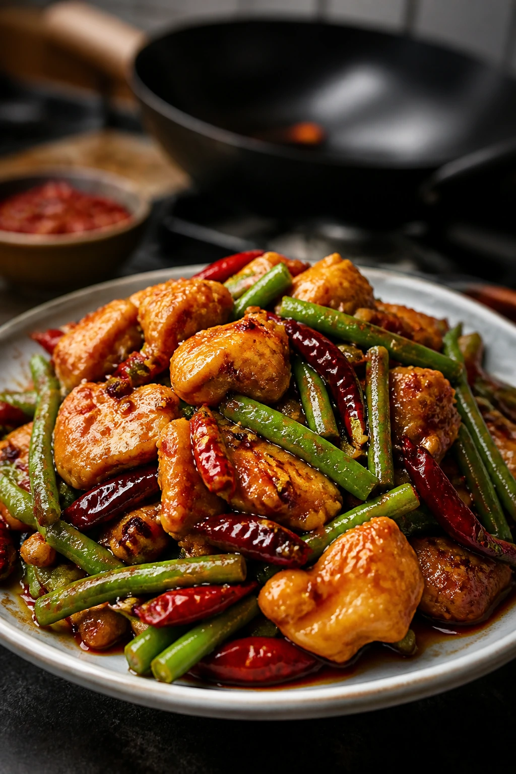 Close-up of Szechuan chili chicken with green beans and chiles on a plate