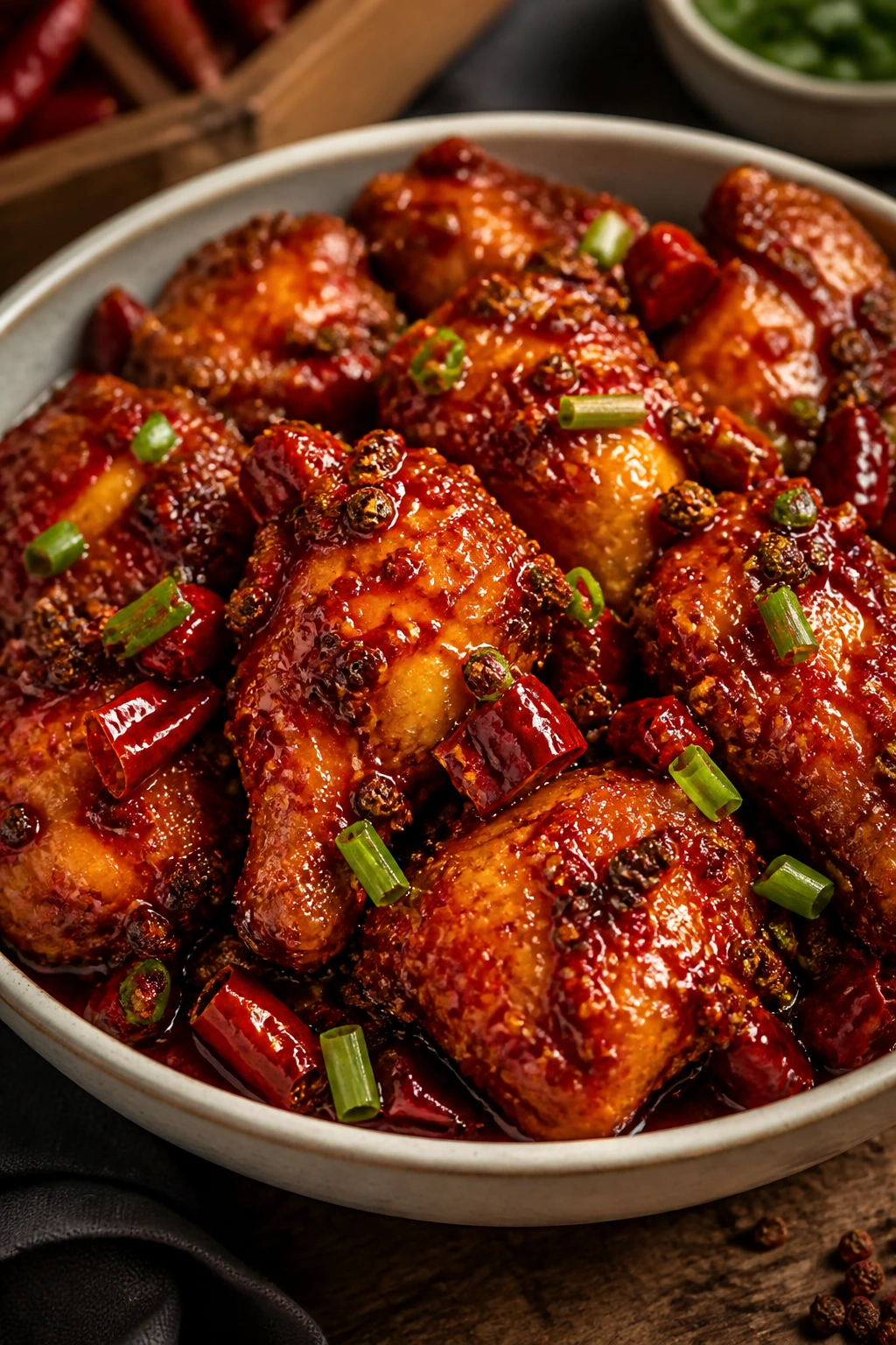 Close-up of Szechuan chili chicken with numbing heat in a glossy sauce