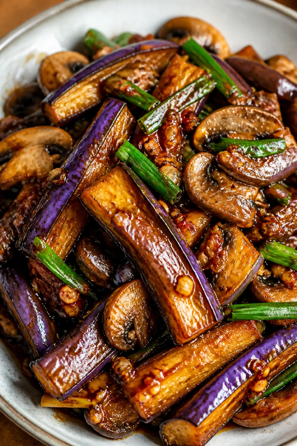 Close-up of Szechuan eggplant and mushrooms on plate