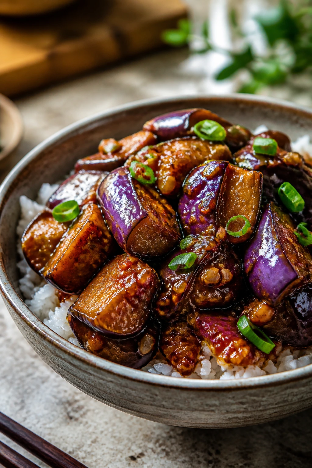 Close-up of Szechuan eggplant rice bowl with glossy sauce in a warm kitchen