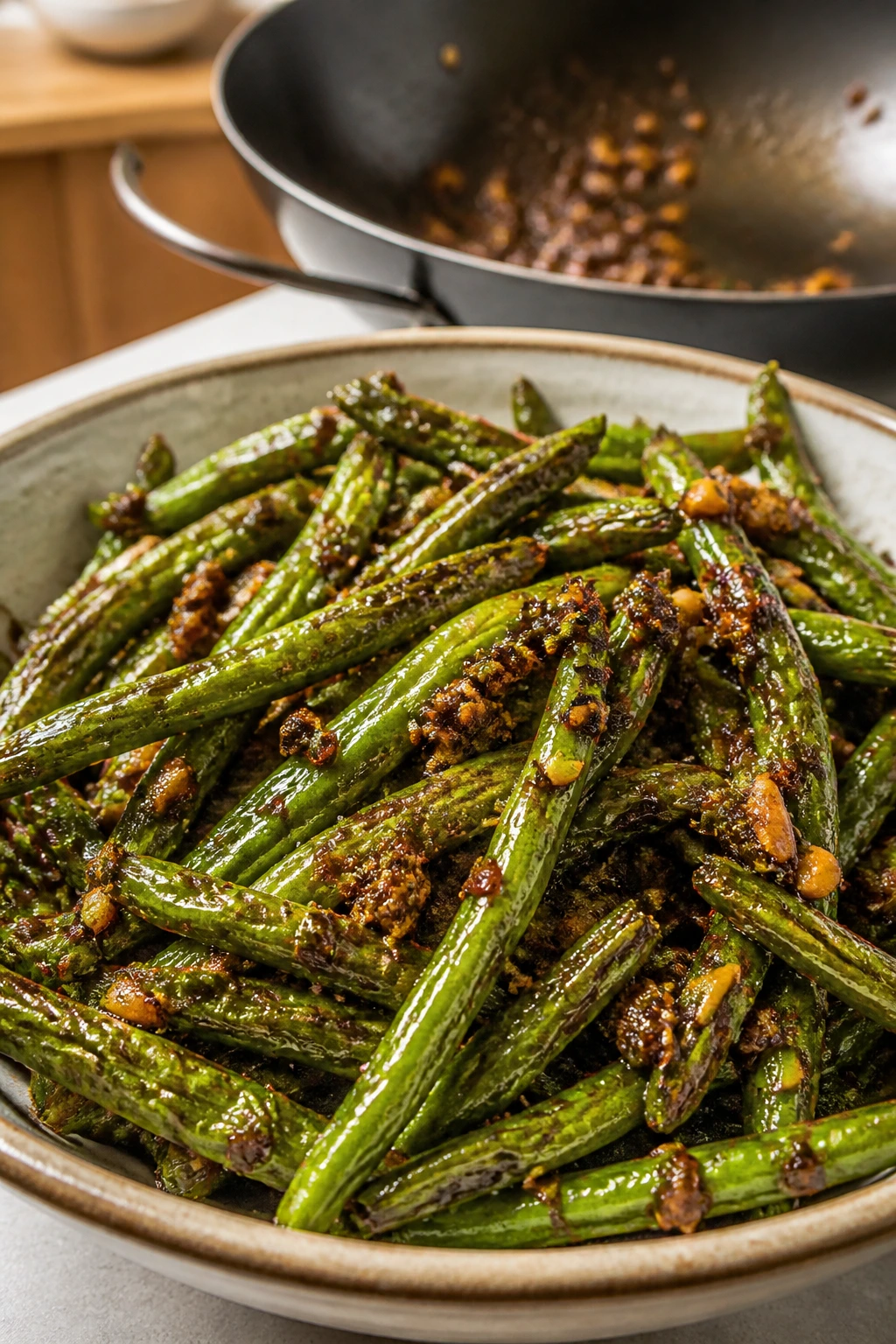Close-up Szechuan Green Beans in chili glaze with garlic and ginger.
