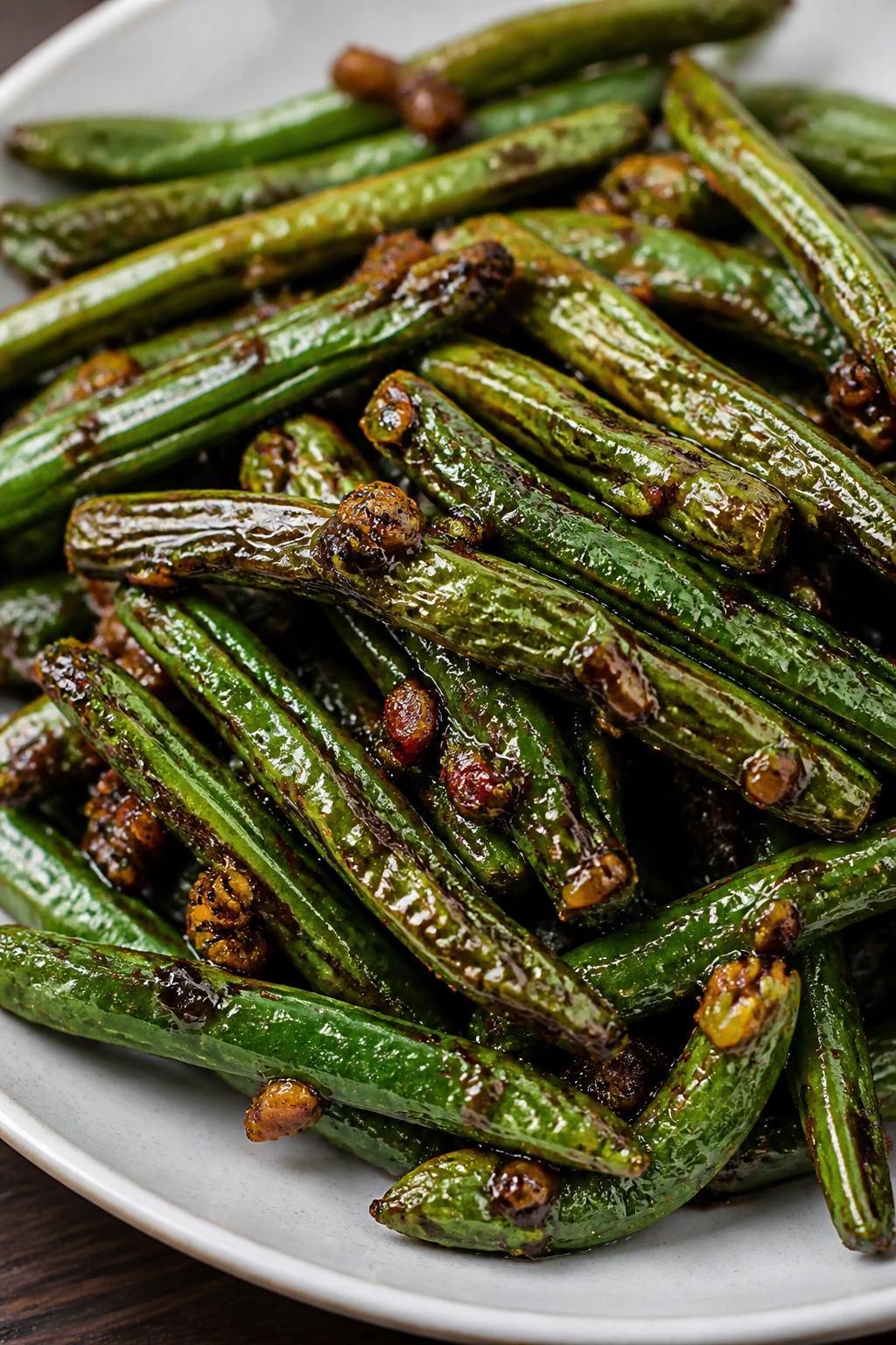 Blistered green beans in garlic-chili glaze