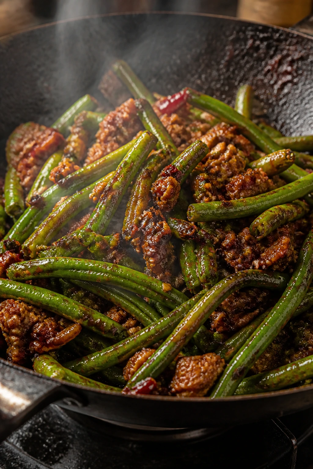 Close-up of blistered beans and pork in red chili glaze