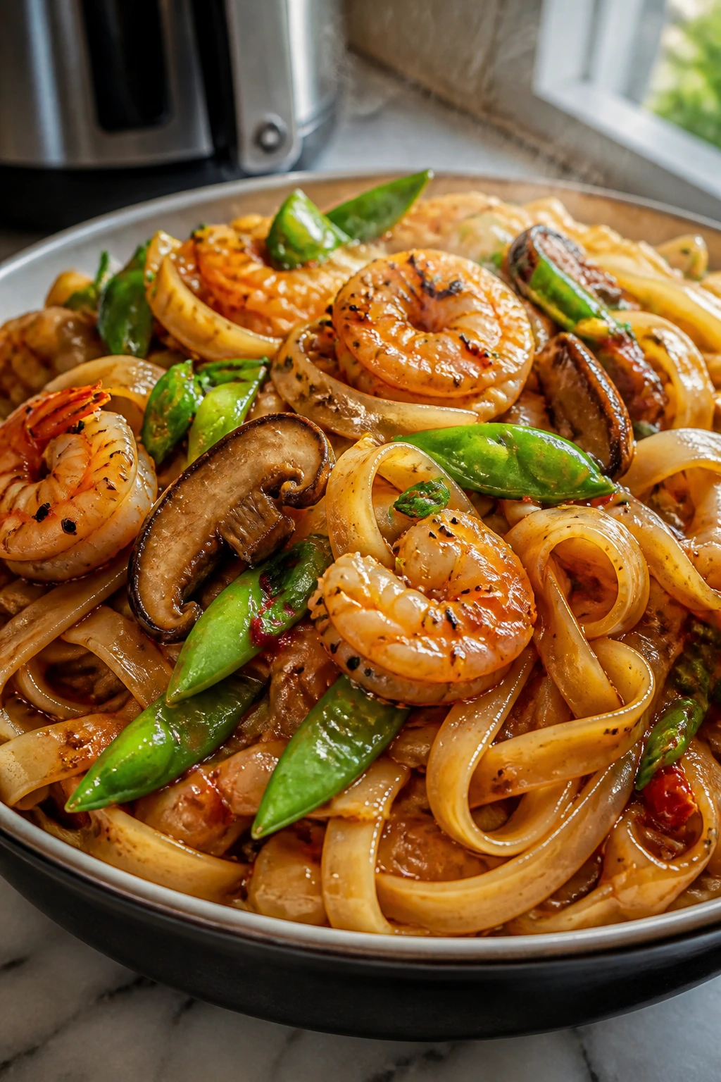 Close-up of Szechuan Shrimp Rice Noodles with shrimp and noodles in spicy sauce