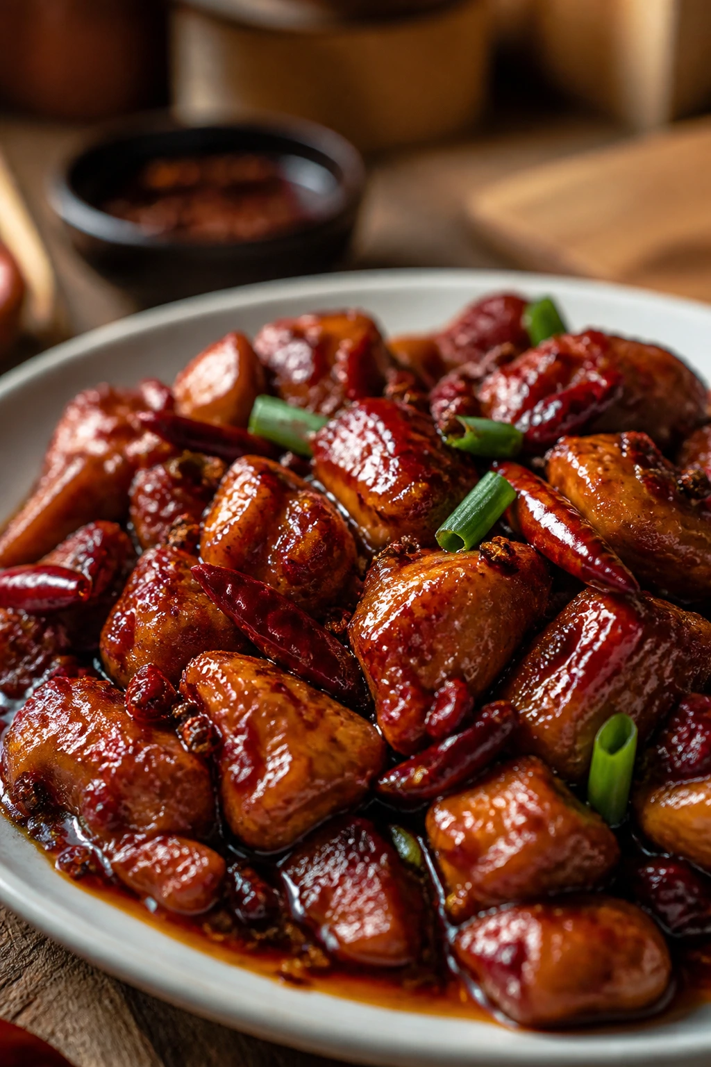 Close-up of Szechuan-Style Spicy Chicken in lacquered sauce