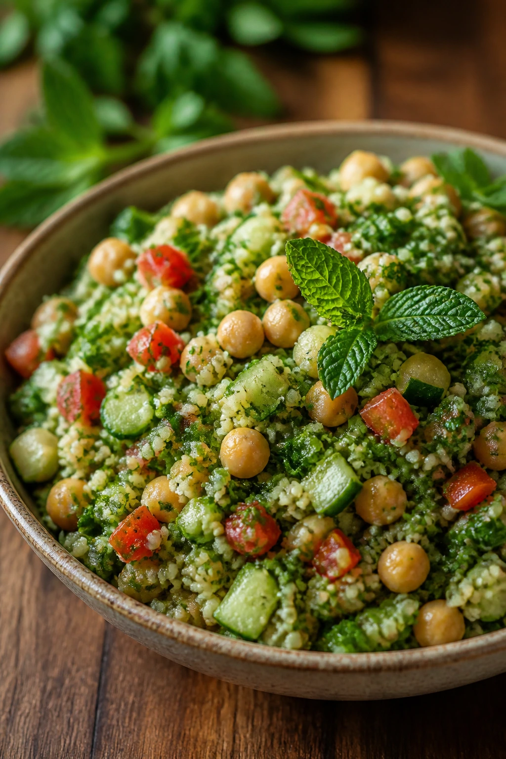 Close-up of tabbouleh with chickpeas and mint in a rustic bowl