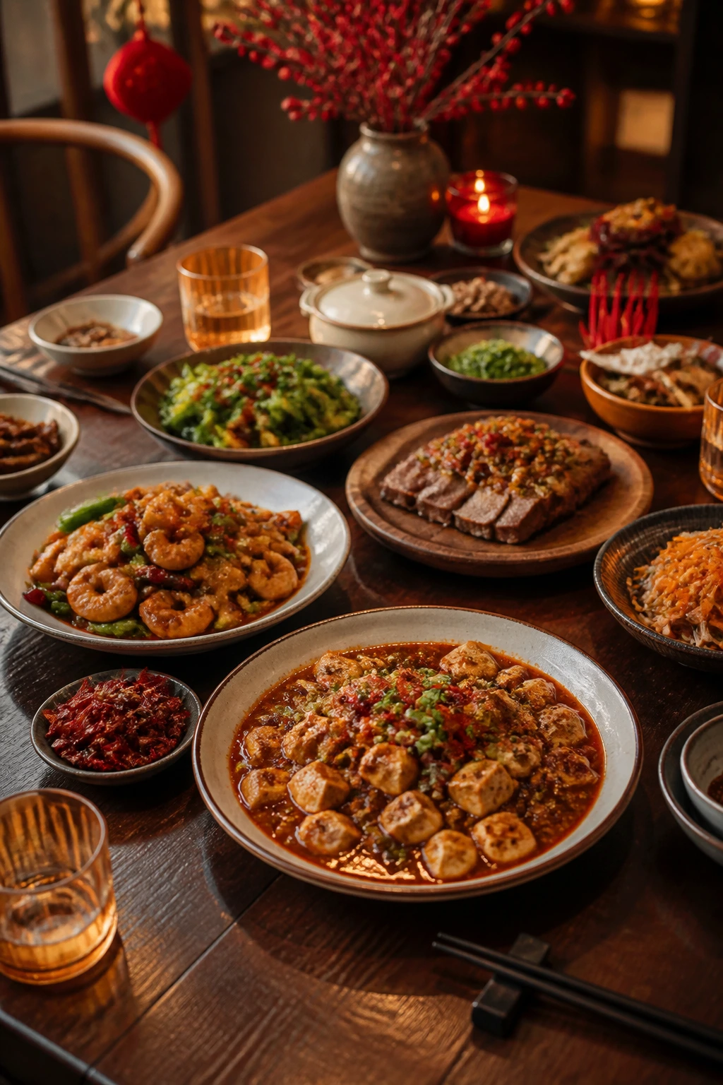 Wooden dining table close-up with festive spicy Chinese New Year dishes in warm light