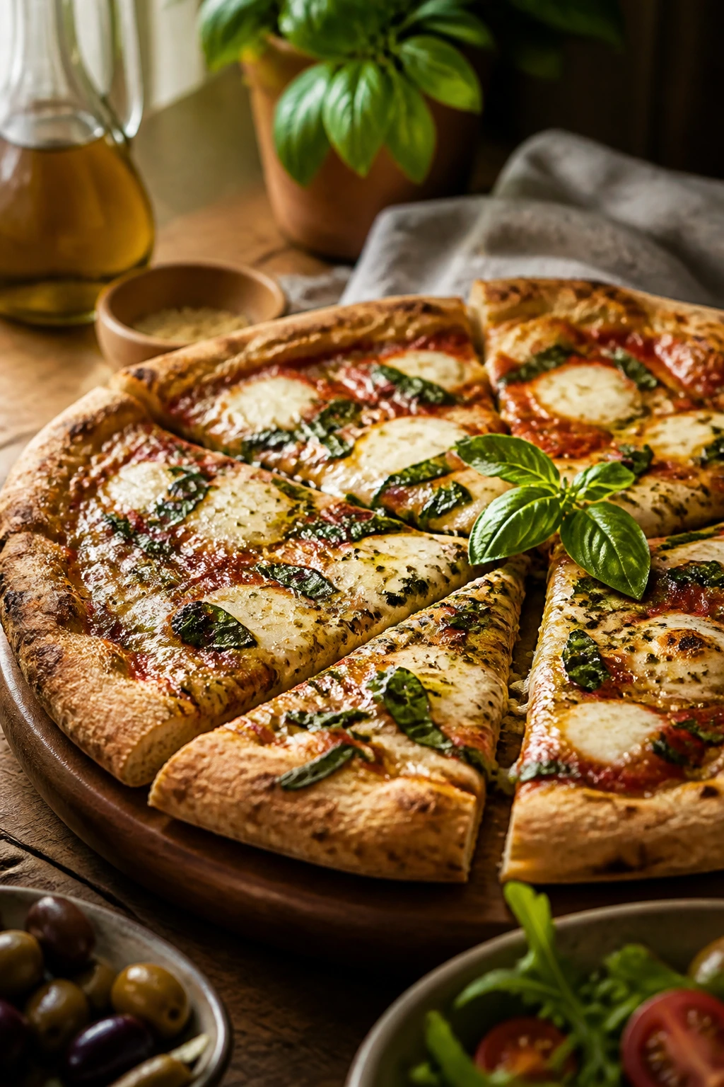 Fresh herb pizza on a wooden board ready to serve