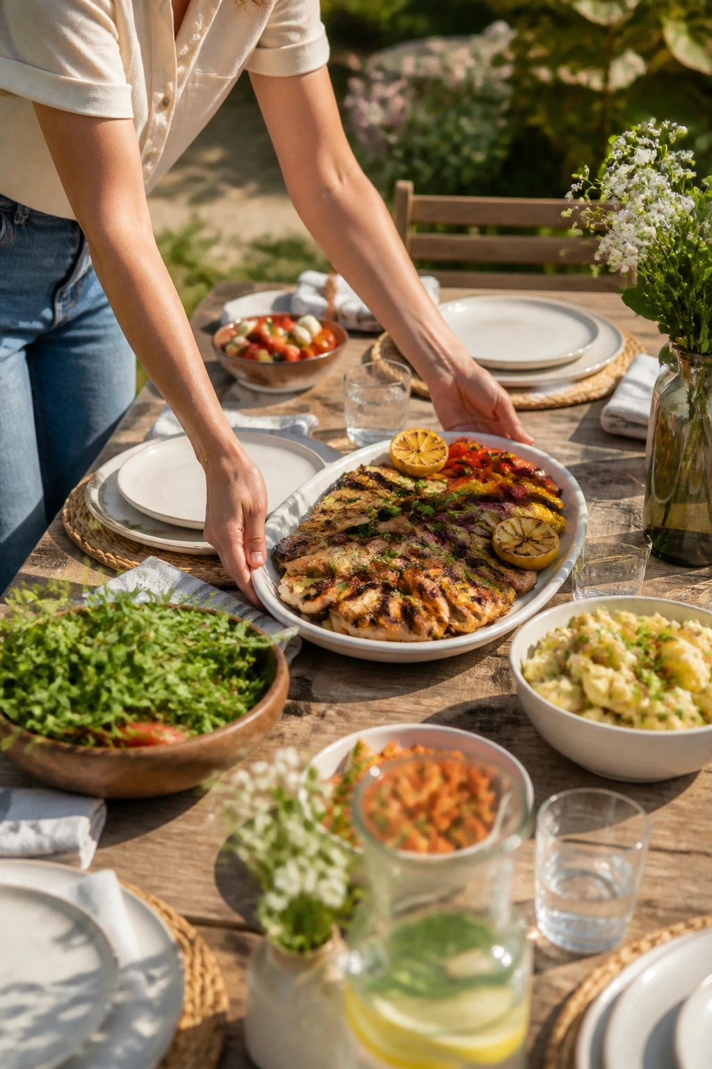 Hands setting a large platter on a sunny backyard table