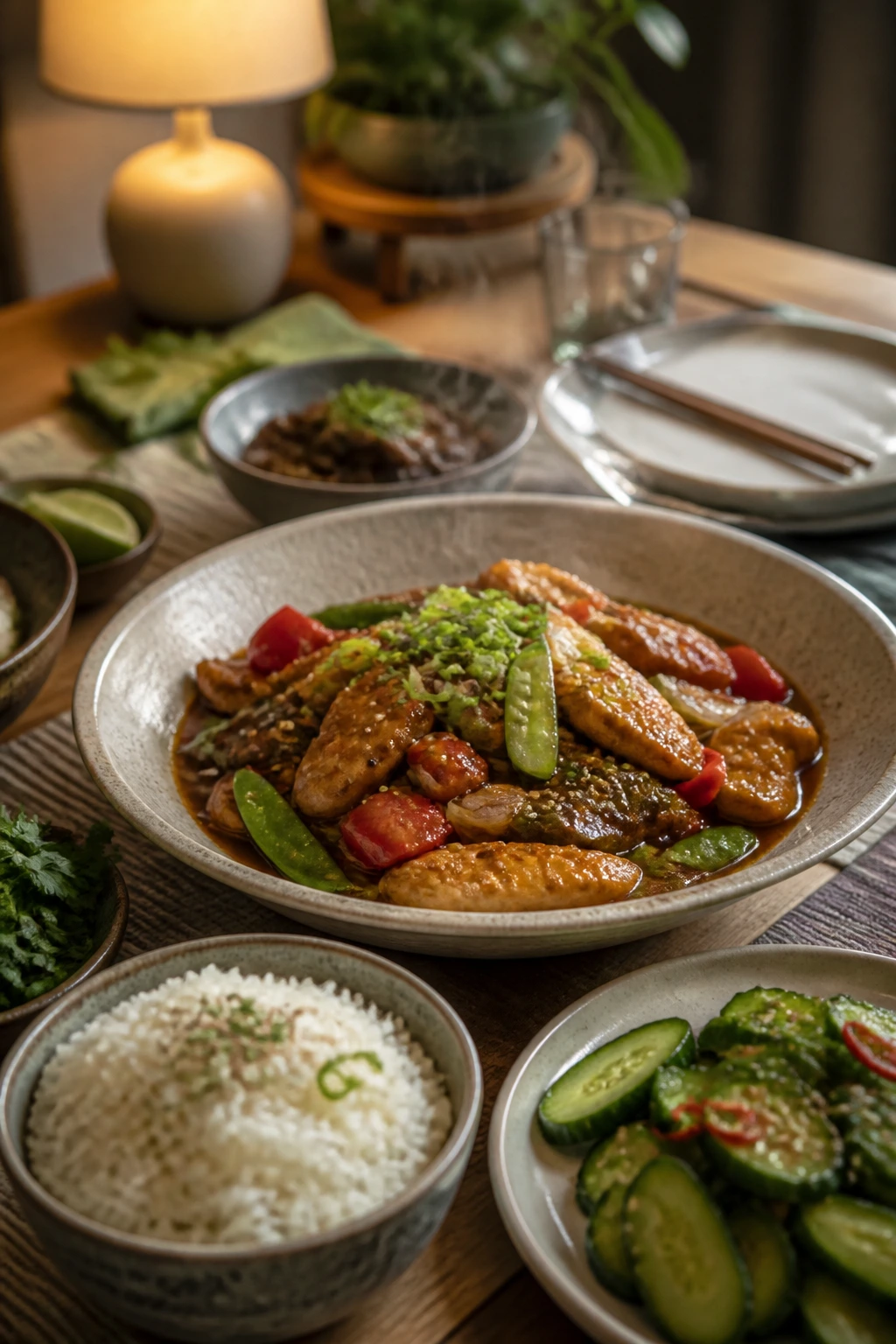 Dining table with serving dish, rice bowl, and cucumber salad