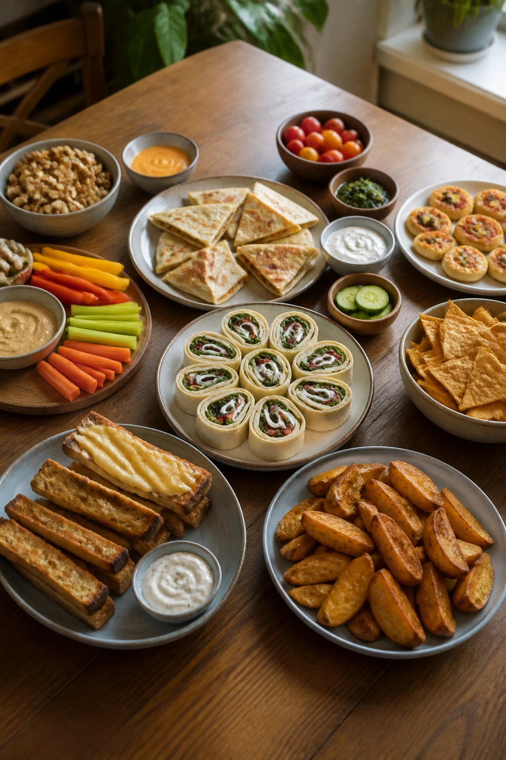 Top-down view of a wooden table loaded with wedges and wraps in a warm dining room