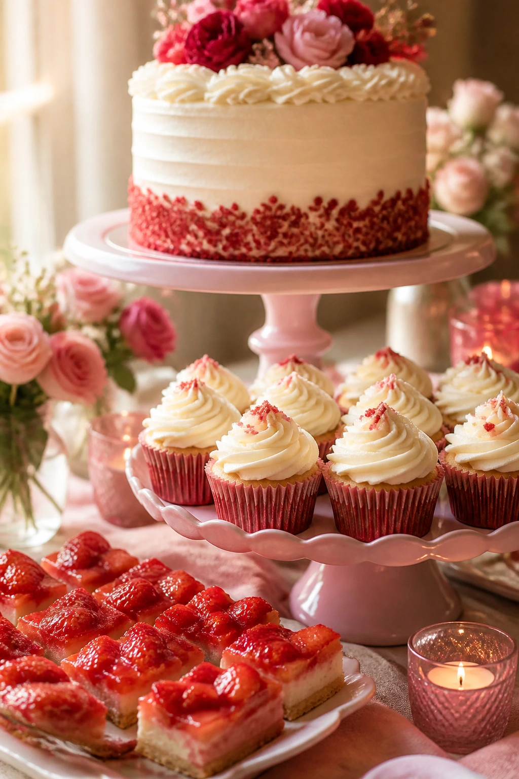 Close-up of a three-height dessert arrangement on a table