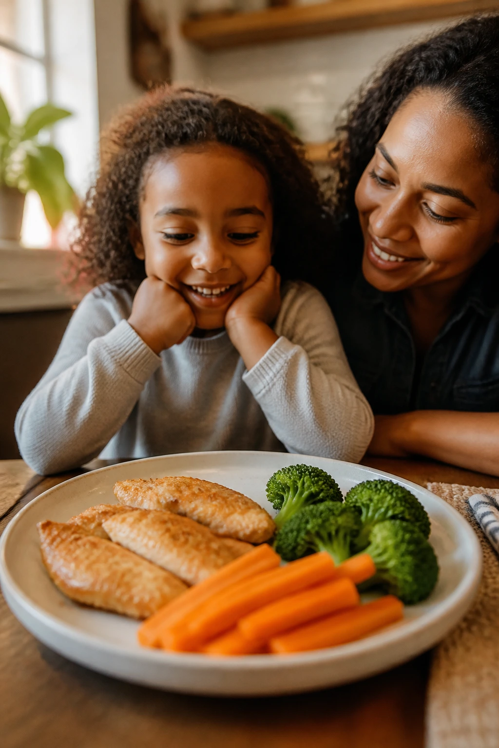 Parent and child at table with a plate ready to eat