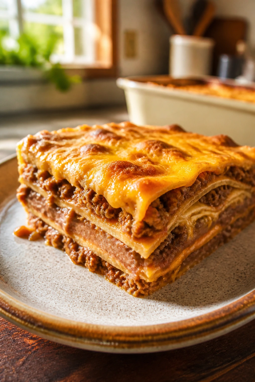 Close-up of a square slice of cheesy taco bake on a rustic plate with visible layers and melted cheese