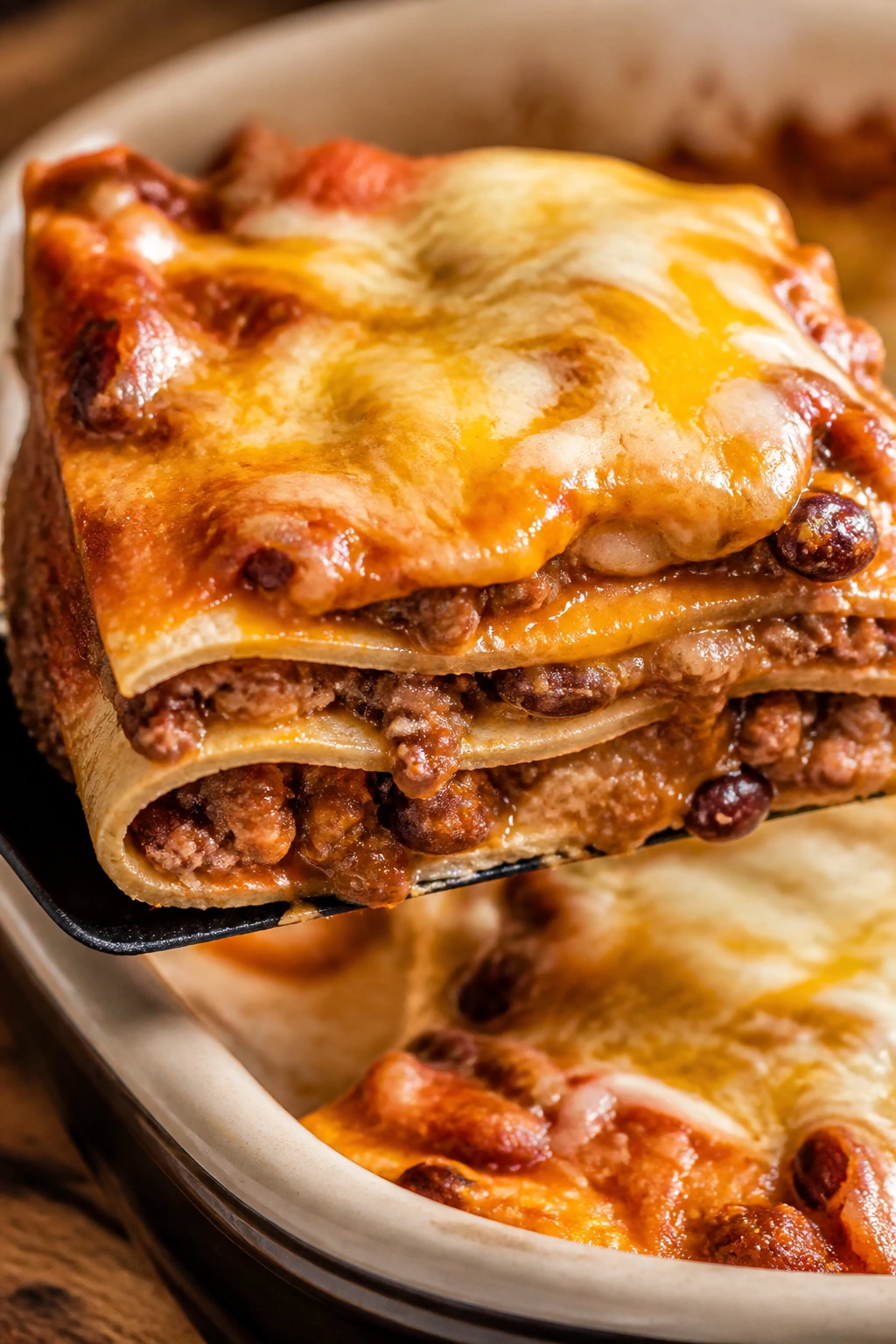 Slice of taco bake casserole showing layered tortillas and cheese