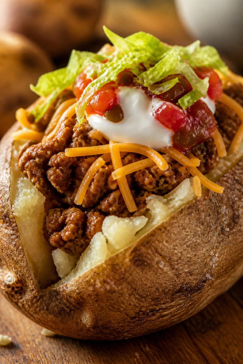 Loaded baked potato with taco beef, cheese, sour cream and salsa