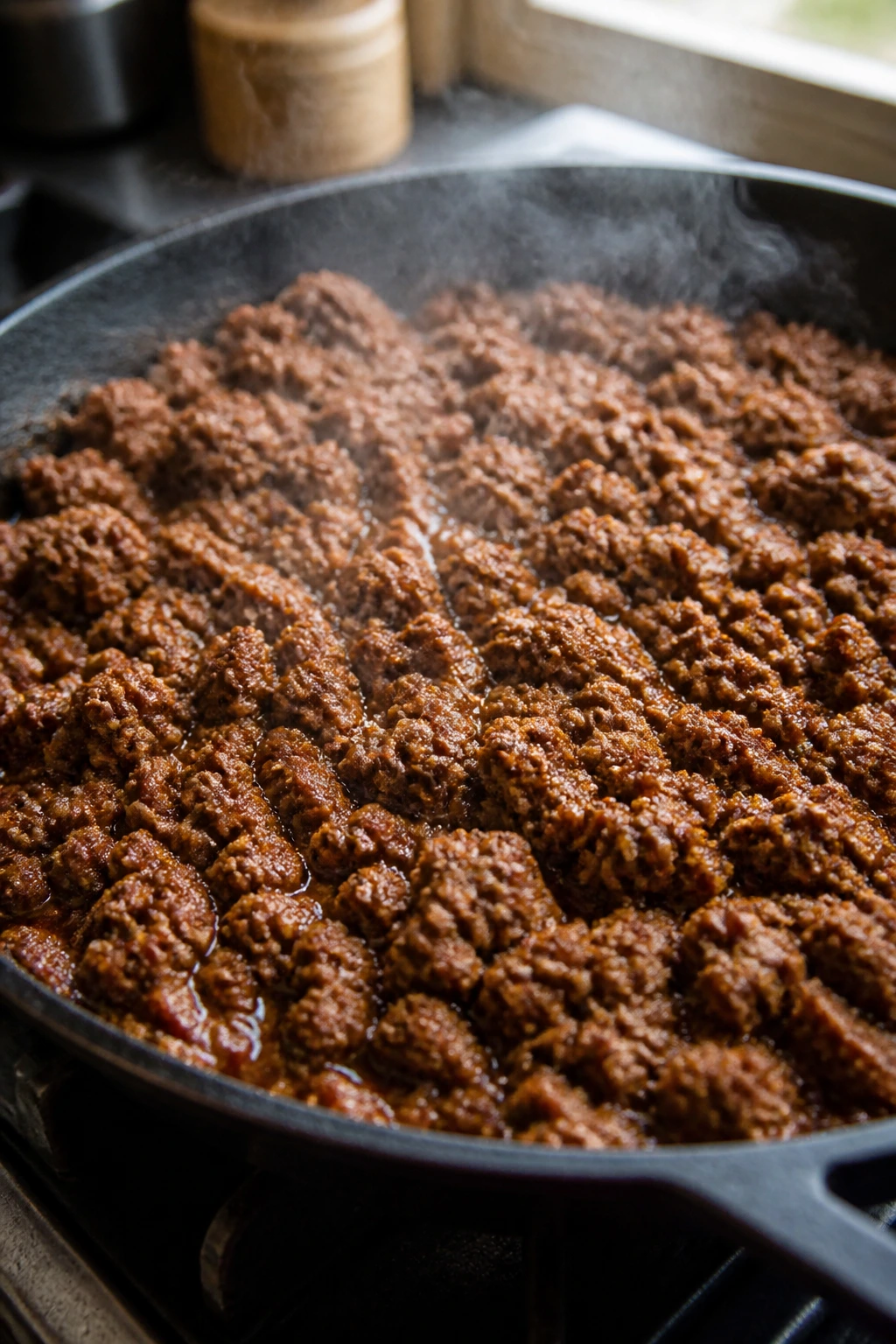Skillet of seasoned ground beef for a taco bar