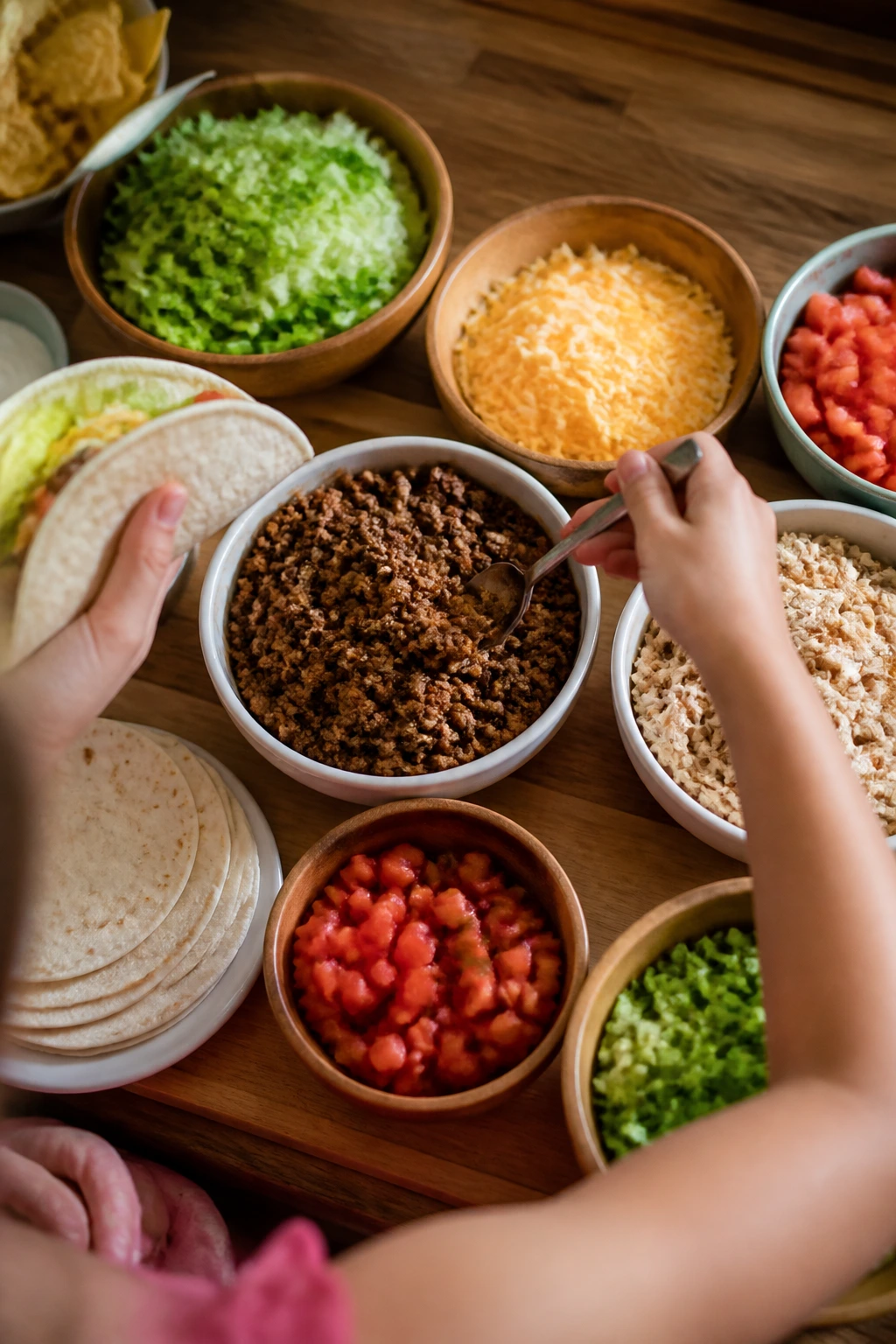 Top-down view of a kid-friendly taco bar with tortillas, cheese, meat, and veggies.