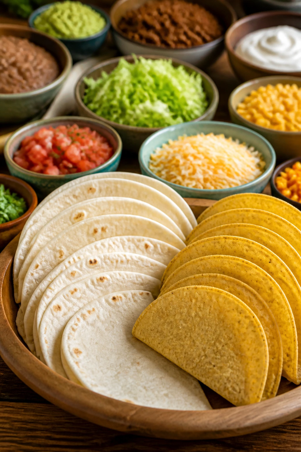 Taco bar with soft tortillas, hard shells, and toppings arranged neatly on a board