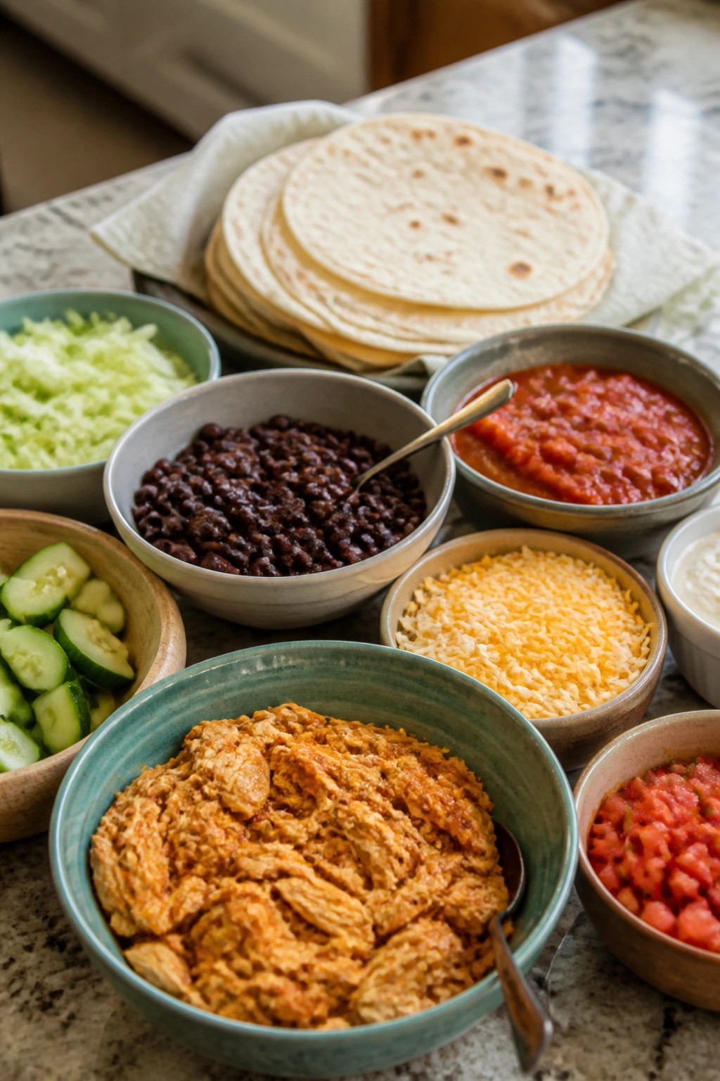Taco-bar style setup with tortillas and toppings on a counter