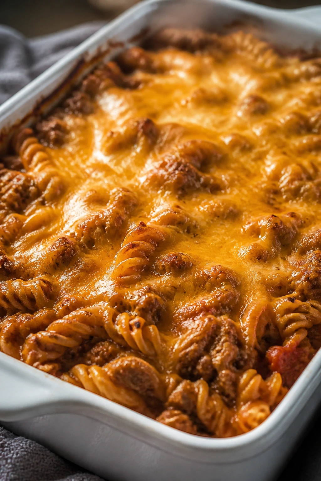 Beef taco casserole with melted cheese in a baking dish.