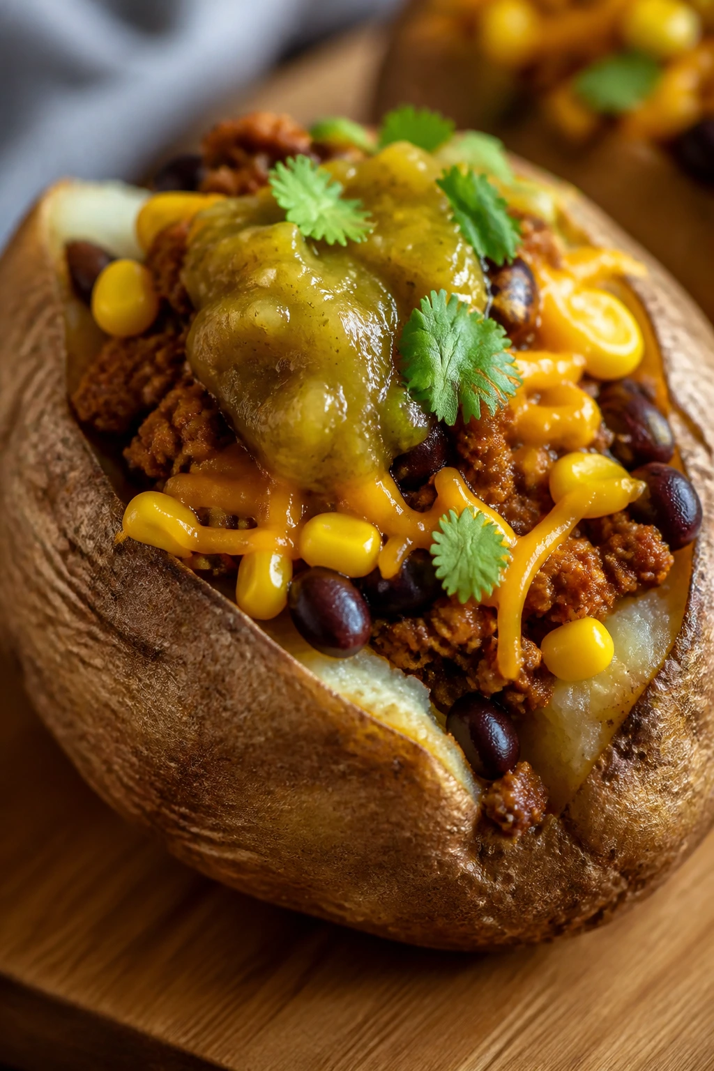 Loaded potato with taco beef, corn, and salsa verde