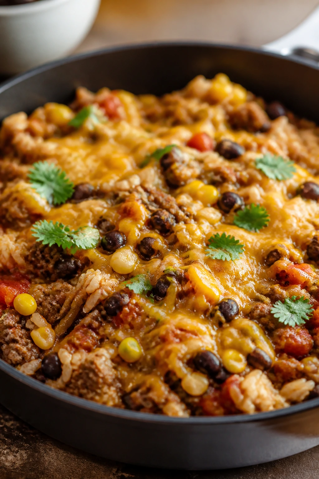 Close-up of one-pan taco beef and rice in a skillet