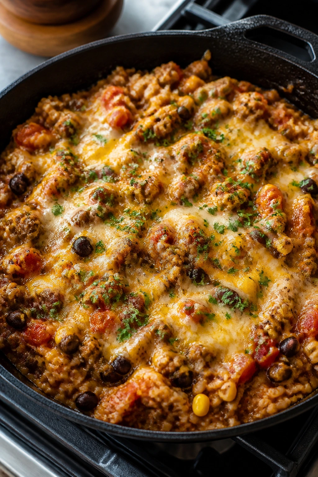 Skillet of taco beef rice with cheese