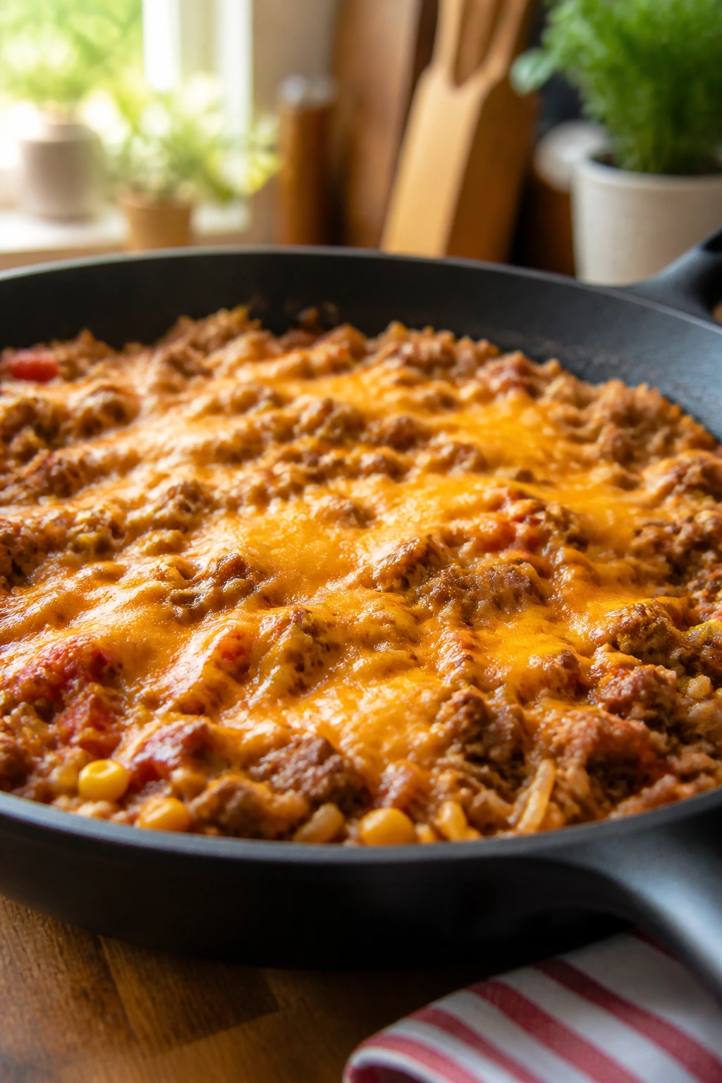 One-pan beef taco skillet with melted cheese in a kitchen