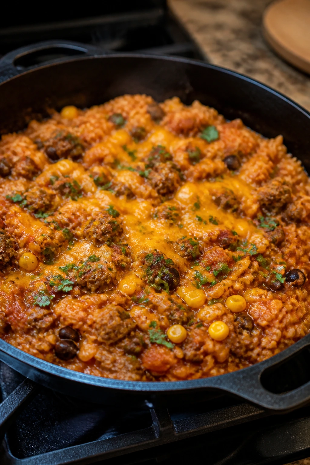 Close-up of beef, rice, salsa, corn and cheese in a skillet
