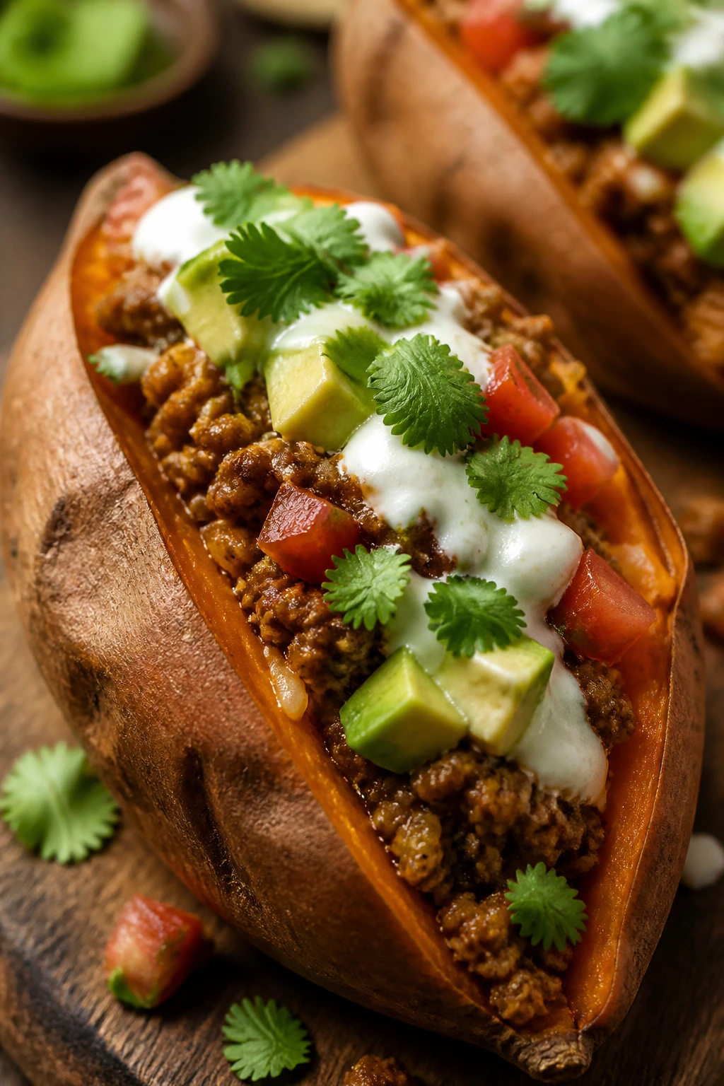 Close-up of a split roasted sweet potato stuffed with taco beef, avocado, yogurt and cilantro
