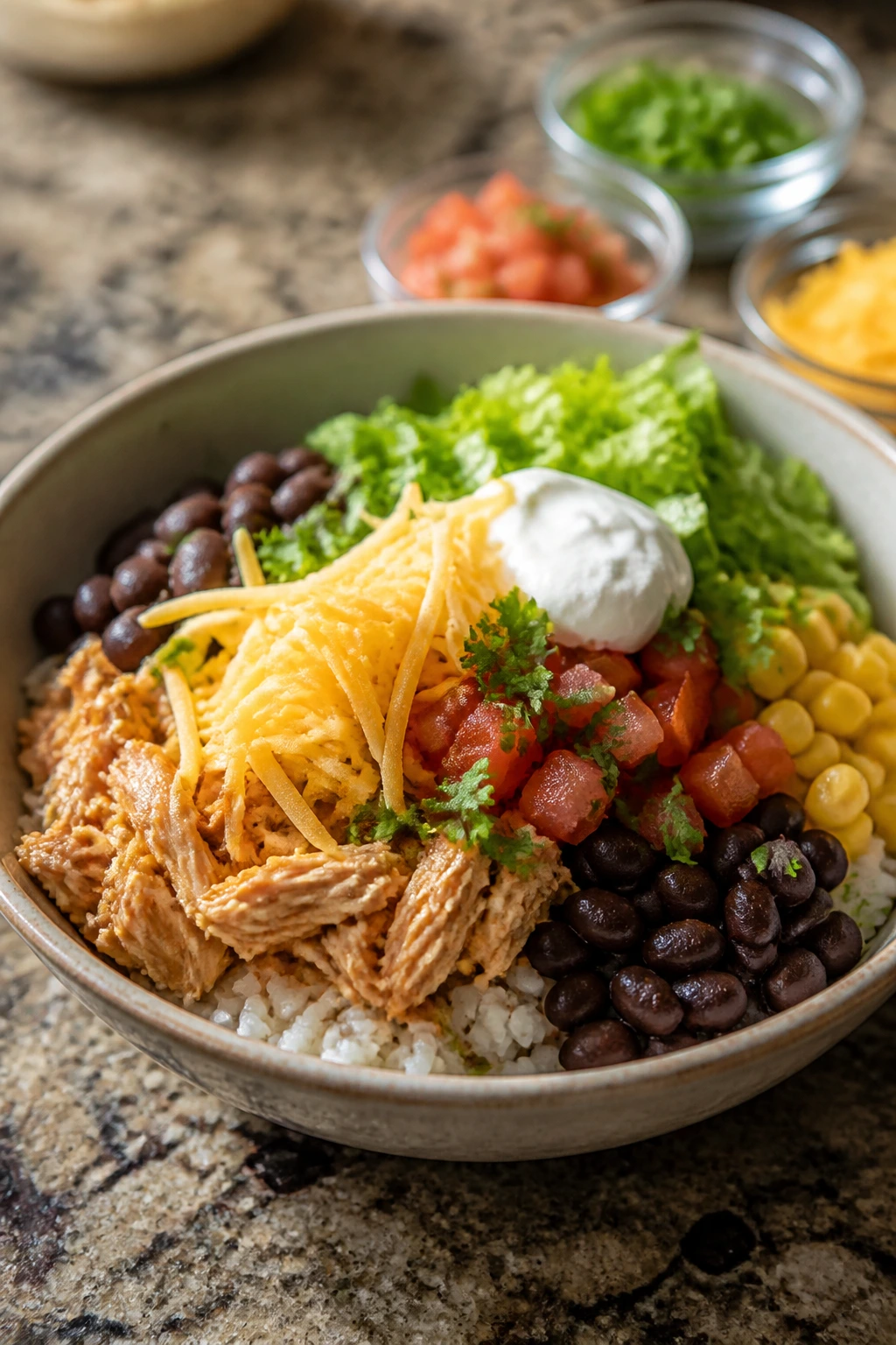 Taco bowl ready to serve with rice, chicken, beans, corn, and cheese