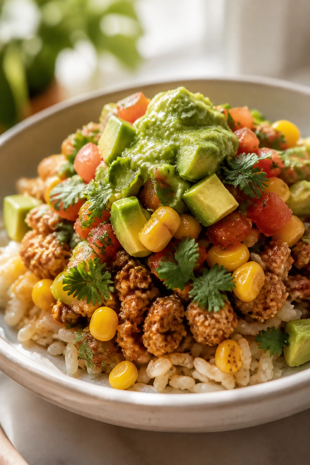 Plated turkey taco bowl with varied toppings for meal prep variations