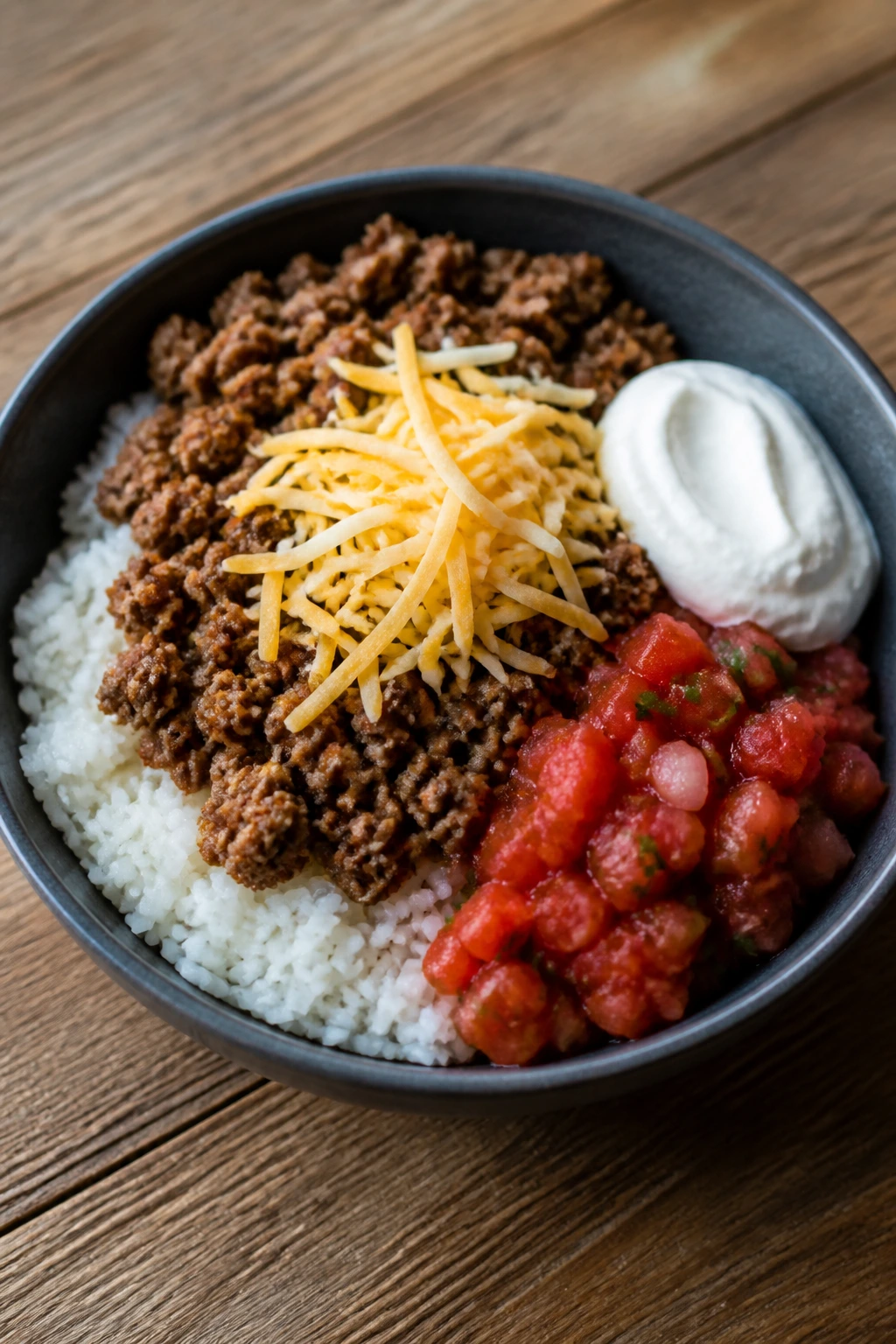 Close-up of a mild taco bowl with rice, meat, cheese, salsa, and sour cream