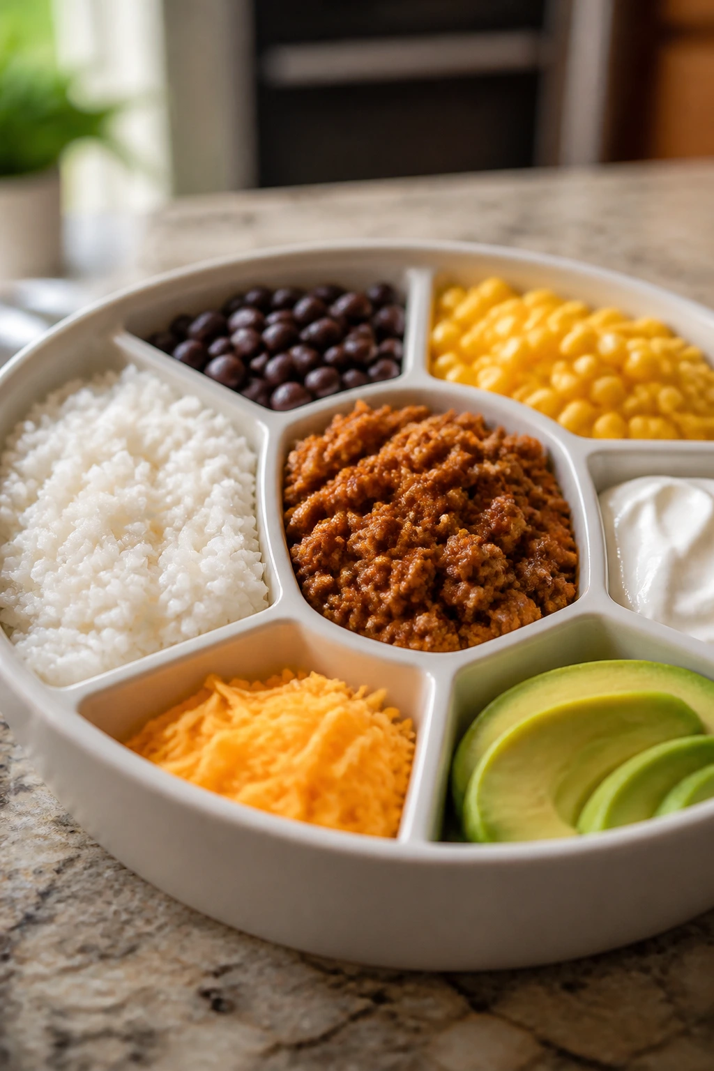 Close-up of Mild Taco Rice Bowls with separate sections for rice, meat, beans, corn, cheese, sour cream, and avocado