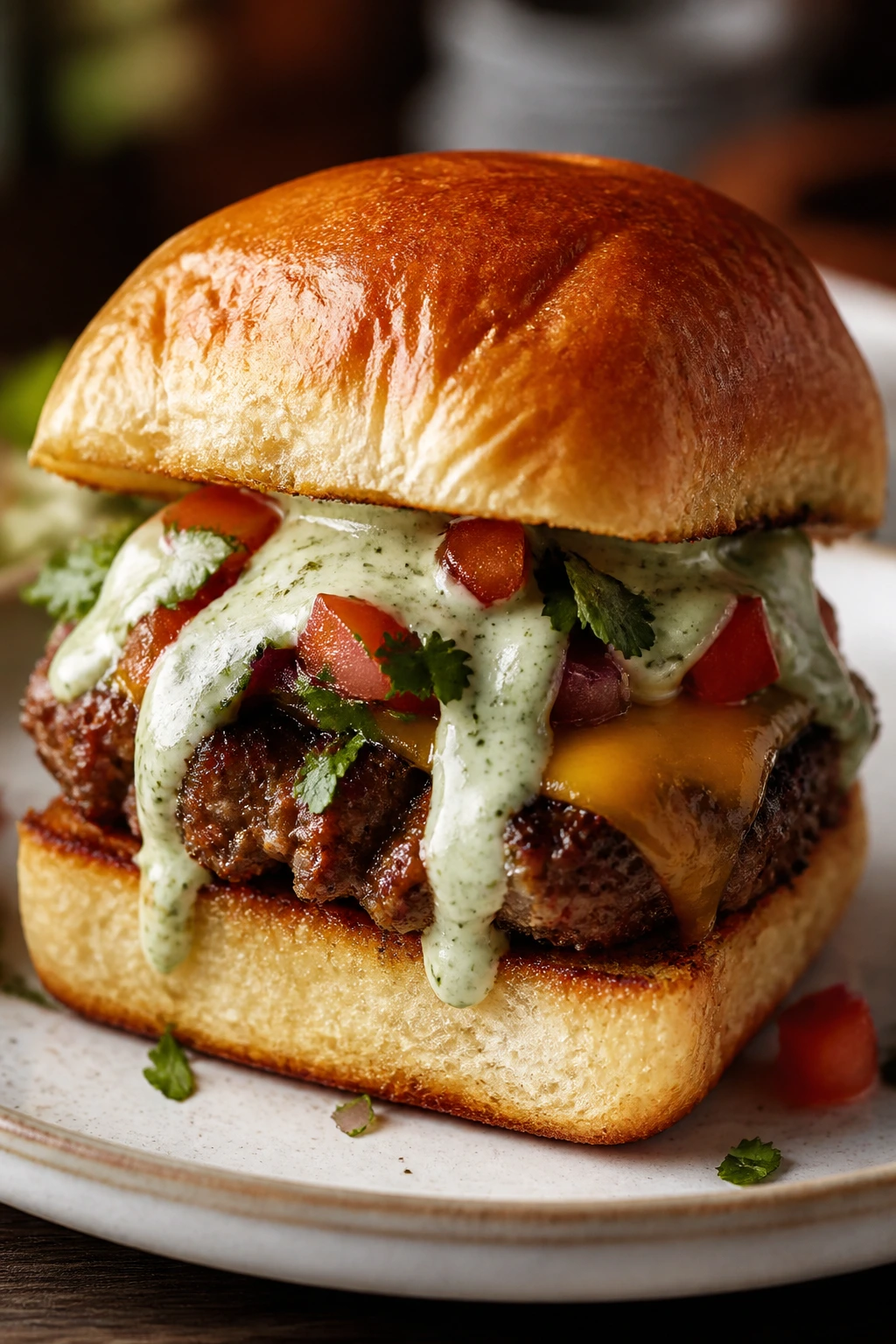 Close-up of Taco Burger Slider with lime crema drizzle on top