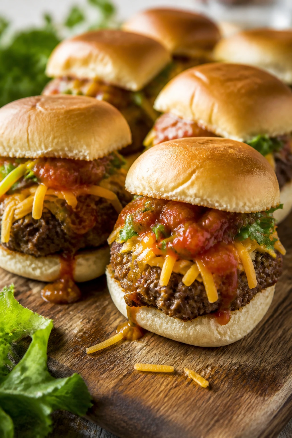 Taco-flavored burger sliders with cheddar and salsa on a wooden board